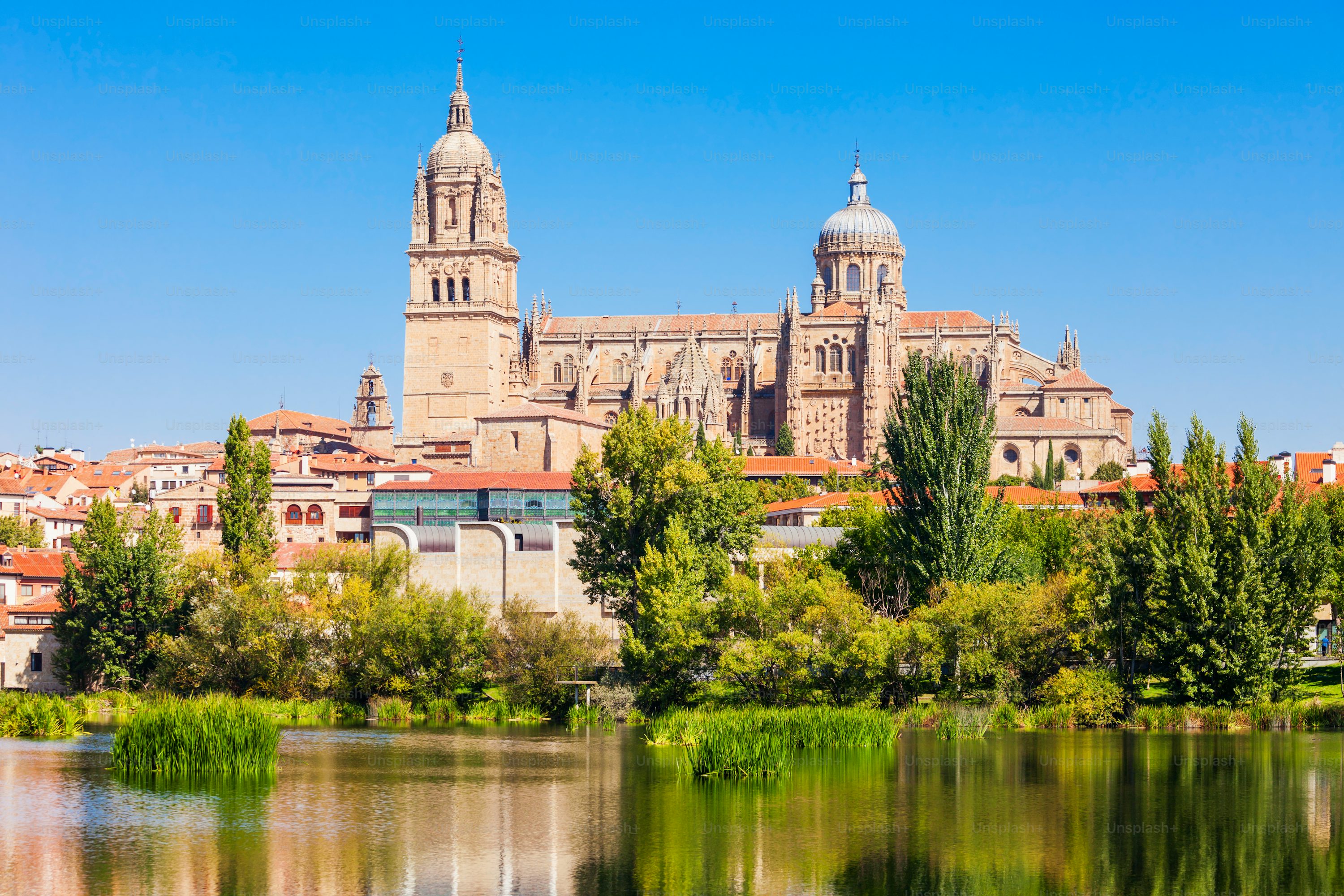 Historic urban landscape of Salamanca, Spain, highlighting the Gothic and Baroque architecture of its old town, a World Heritage Site.